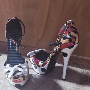 Iron Fist Floral & Polka Dot White Bow Platform Heels